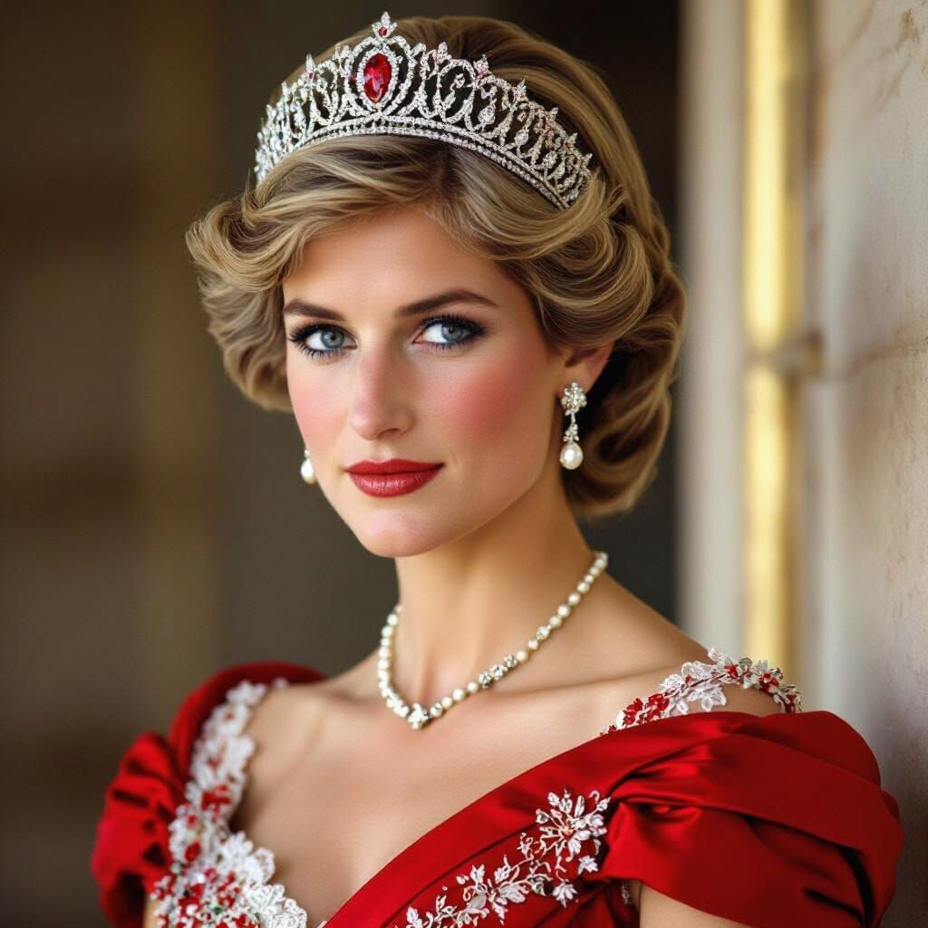 Princess Diana in Red Gown with Lover's Knot Tiara