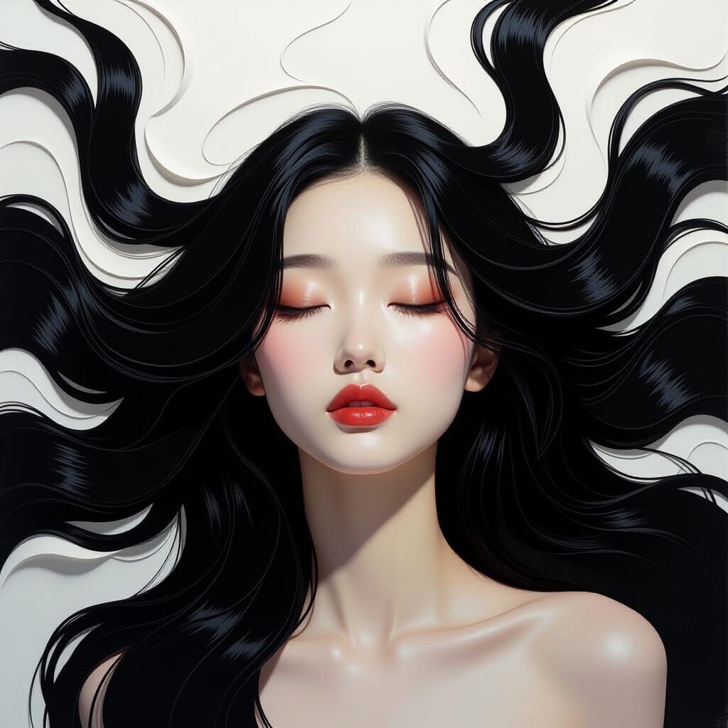 Dreamy East Asian Woman Portrait in Thick Impasto