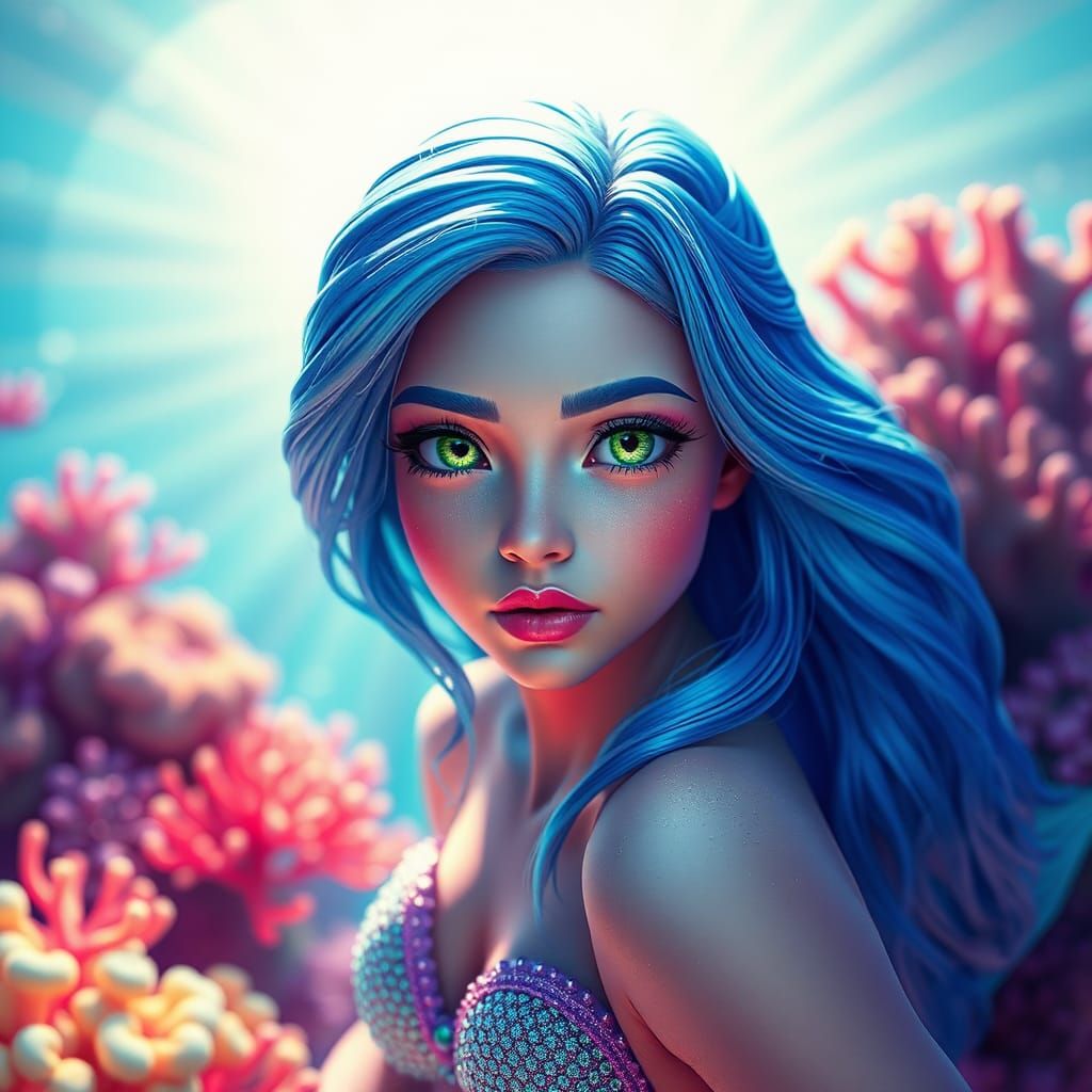 Neon Mermaid in Coral Kingdom: 3D Digital Art