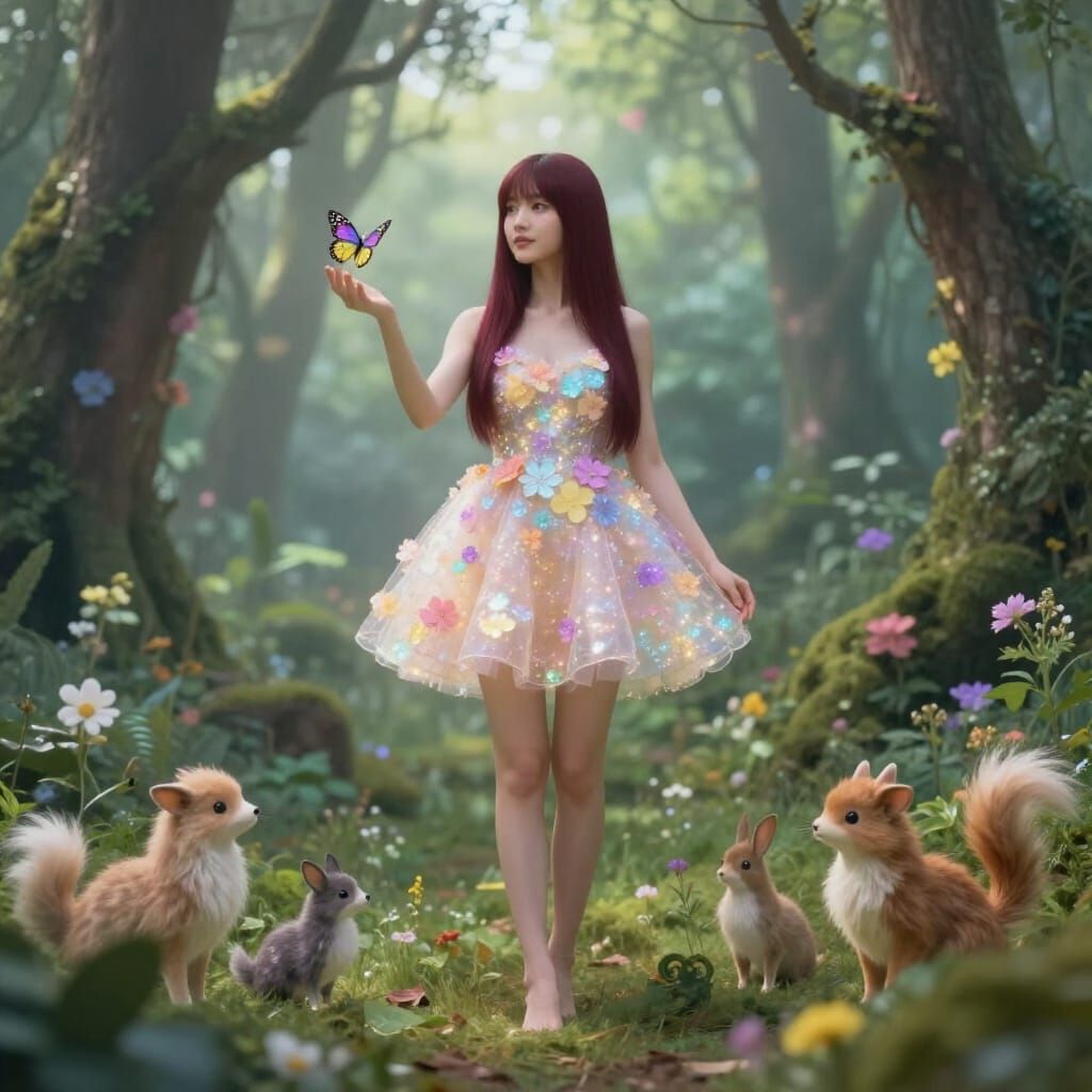 Ethereal Forest Scene with Woman and Animals