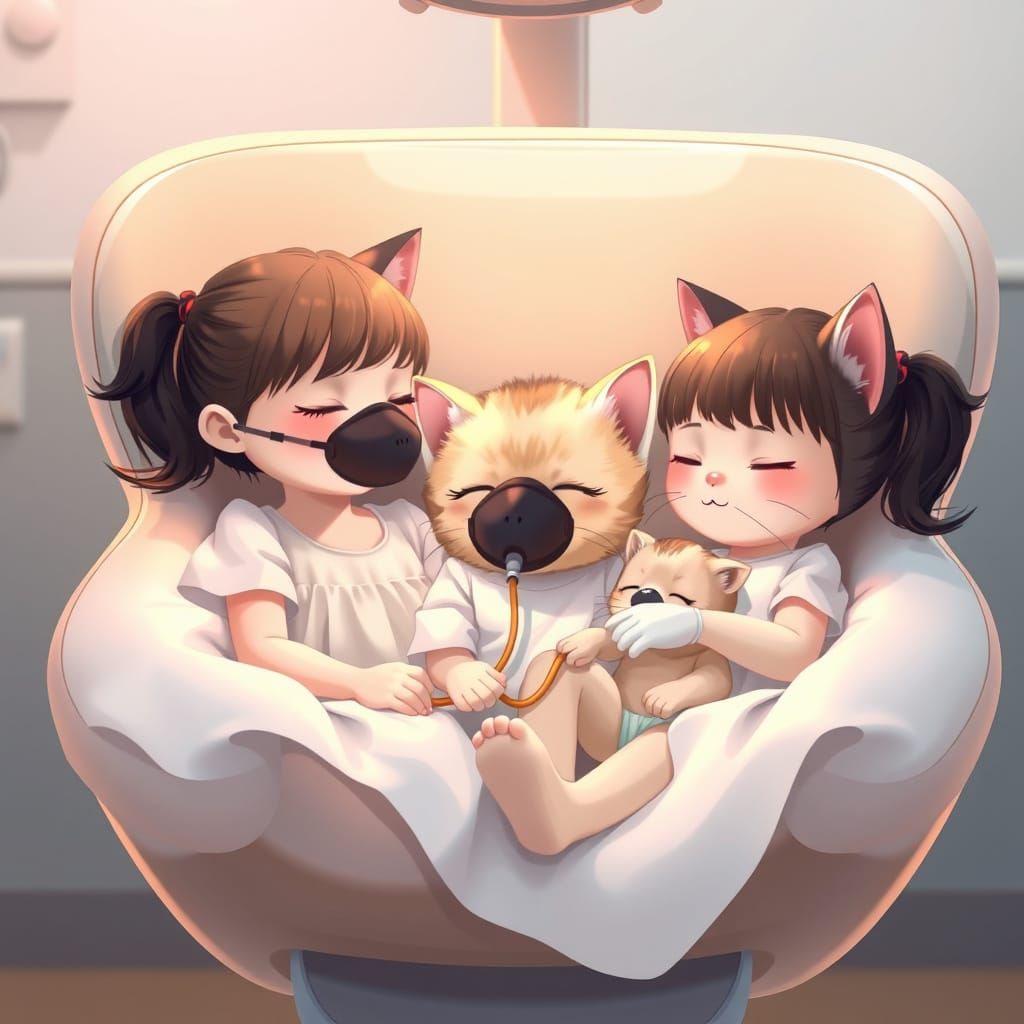 Dreamy Kittens in Dentist Chair: Hyper-Realistic Illustratio...