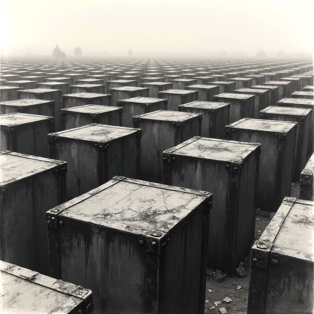 Metal Hexagon Cases Stand Like Industrial Tombstones in a Mu...