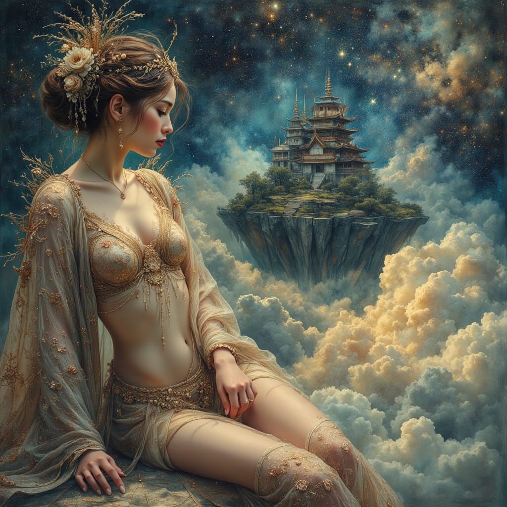 Gothic Japanese Goddess in Spectral Castle Oil Painting