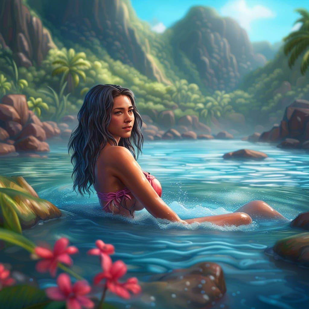 Hawaiian girl taking a bath, river, revealing bikini big chest, detailed, attractive, beautiful,detail, award winning, d...