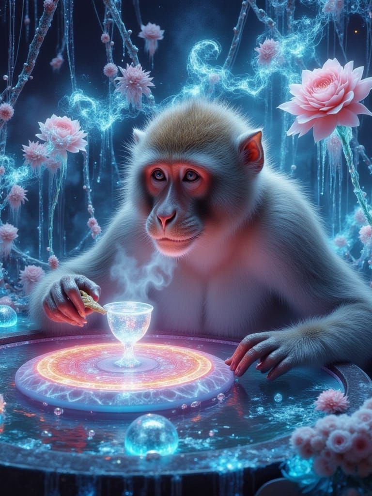 Japanese Macaque Enjoying Tea with Quantum Energy