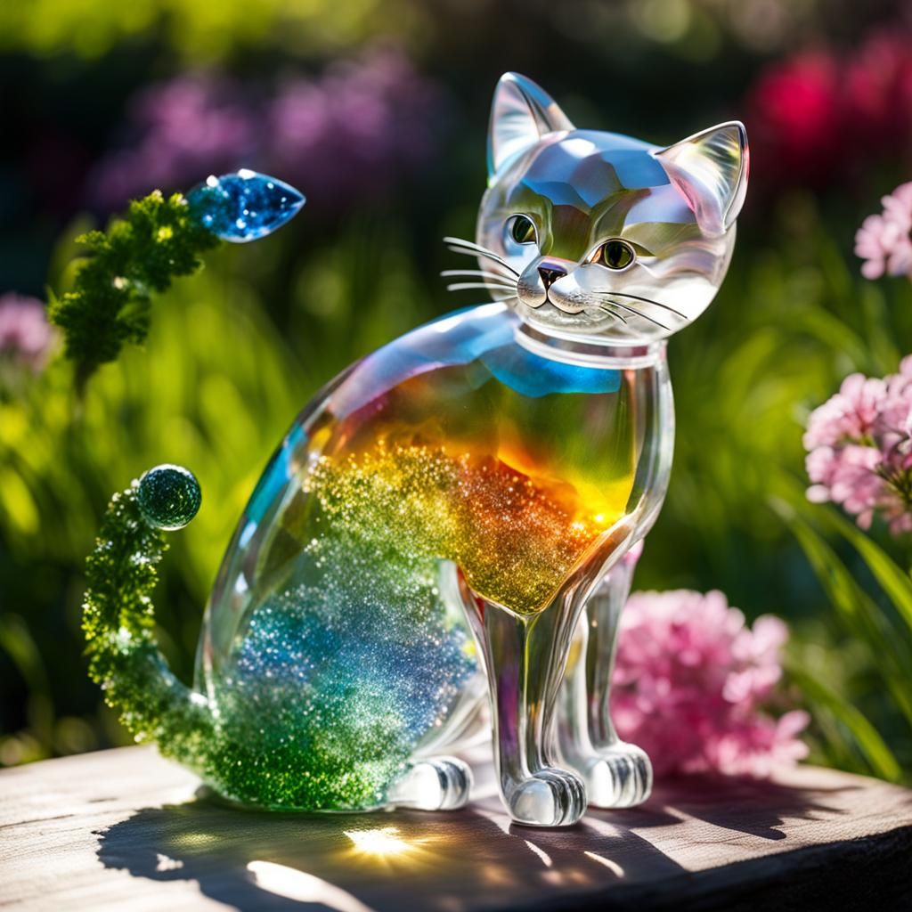 Rainbow Glass Cat Exploring Spring Backyard