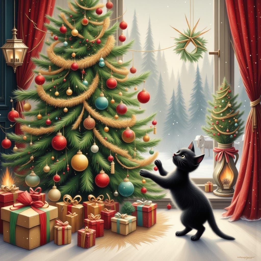 Kitten Plays on Christmas Tree in Snowy Scene