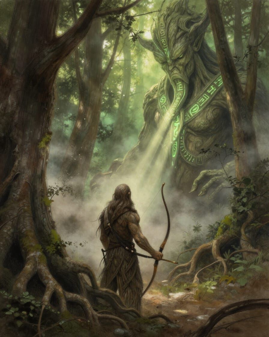 Forest Guardian Approaches Ancient Treant in Sunlit Grove