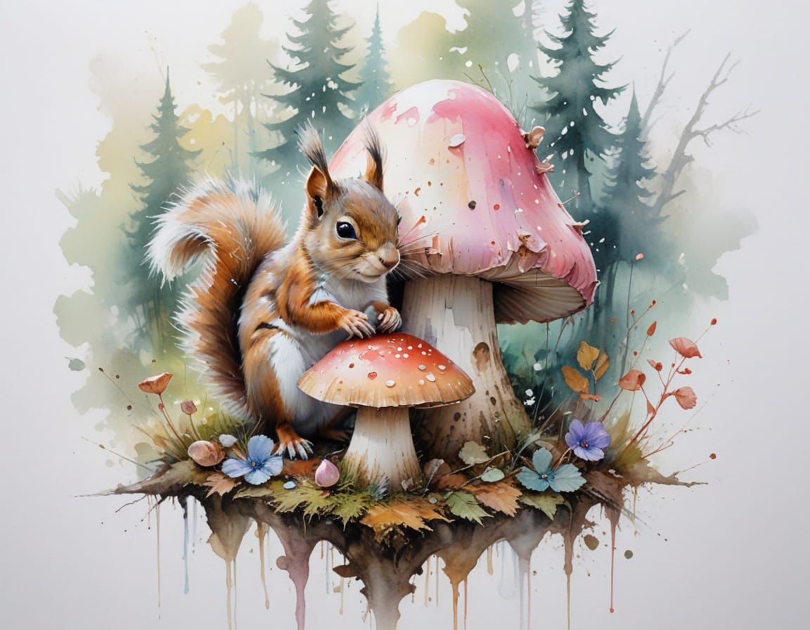 Cute Squirrels Sharing Acorn in Misty Forest