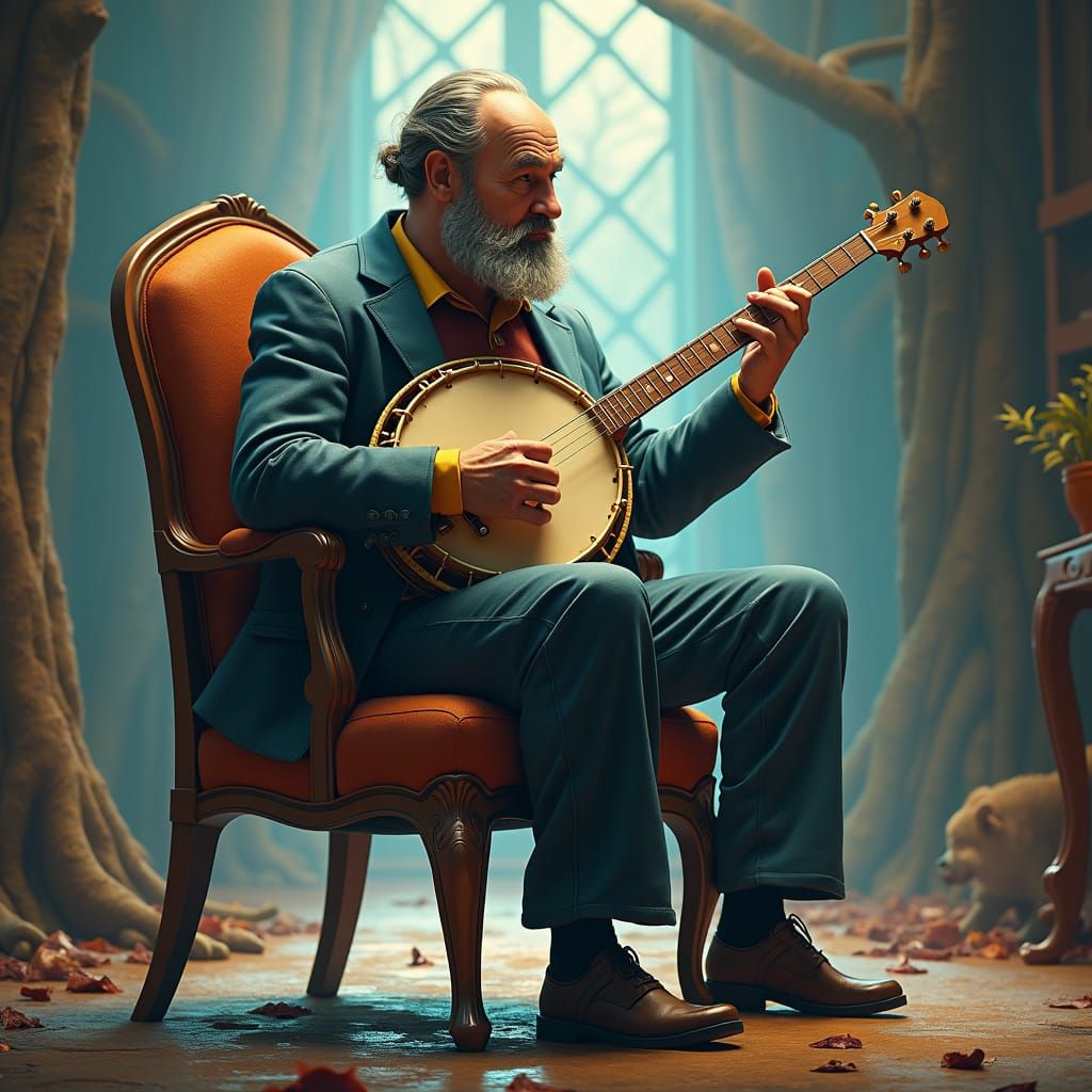 Giant Man Plays Banjo: Detailed Fantasy Art