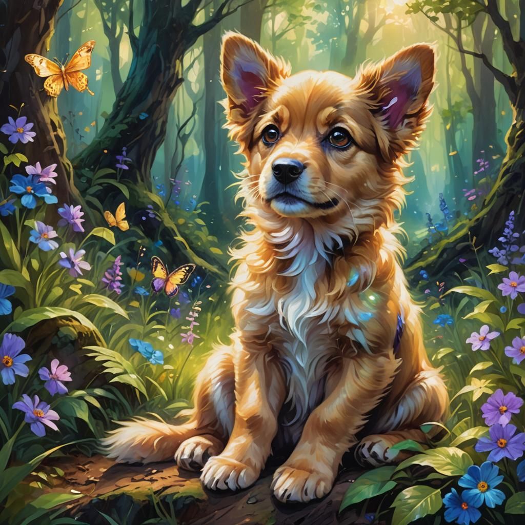 Cute Puppy in Mystical Forest: Oil Painting