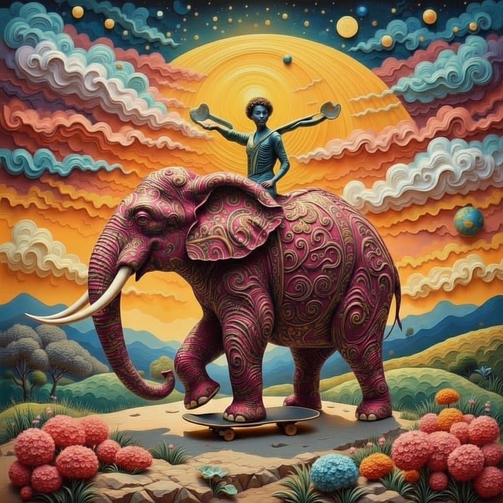 Colossal Elephant on Skateboard in Cotton Candy Park