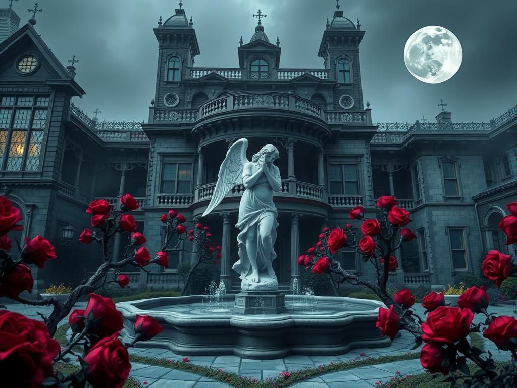 Dark Haunted Mansion with Angel Statue