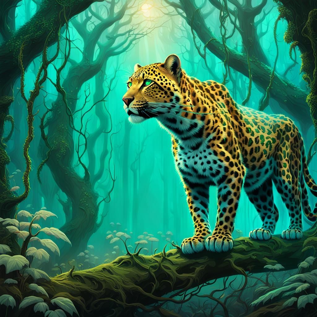 Fantasy Leopard in Ancient Forest with Emerald Eyes