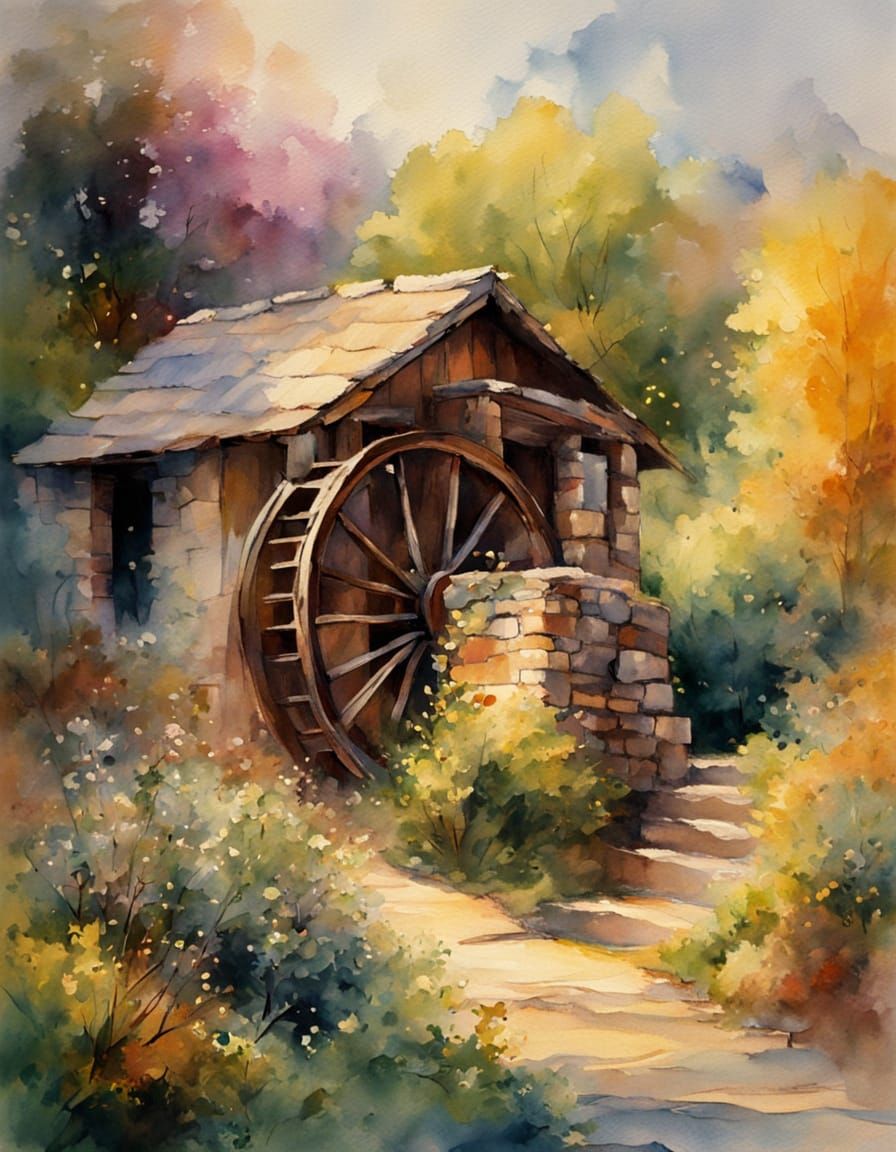 Traditional Greek Water Wheel in Serene Village Landscape