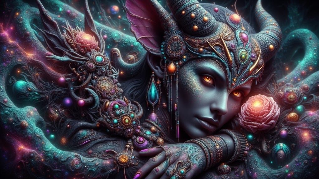 Mischievous Demon Girl in Bioluminescent Fantasy World