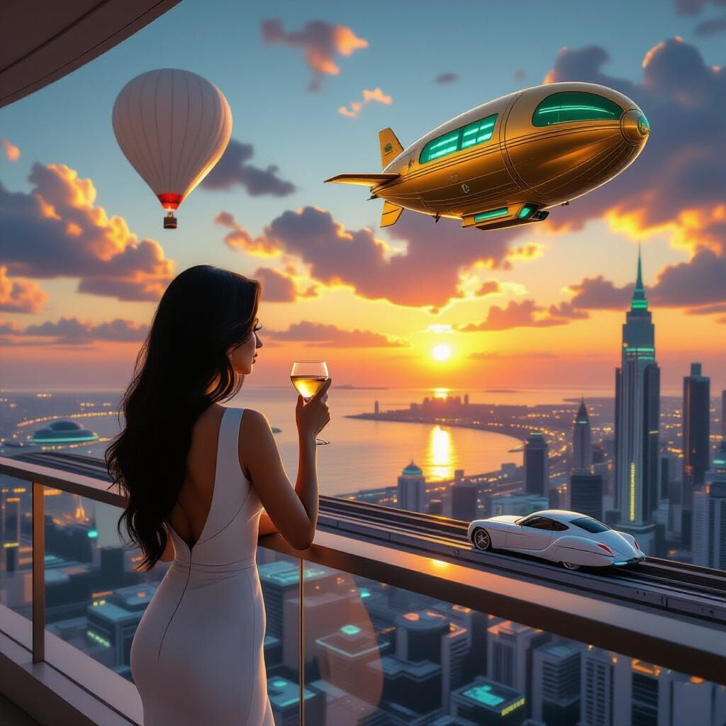 Woman on Balcony Overlooking Futuristic City at Sunset