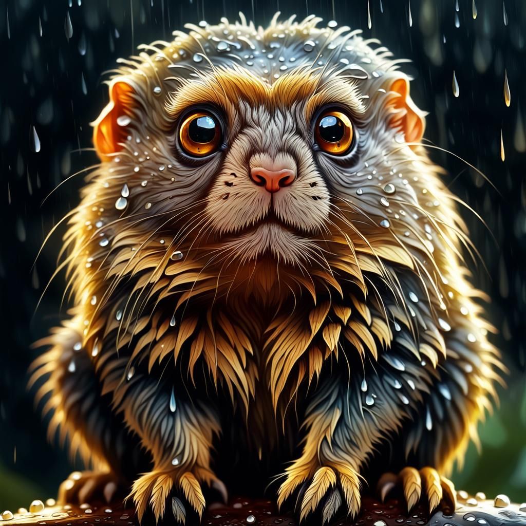 Pygmy Marmoset in Rain: Hyper-Realistic Digital Art