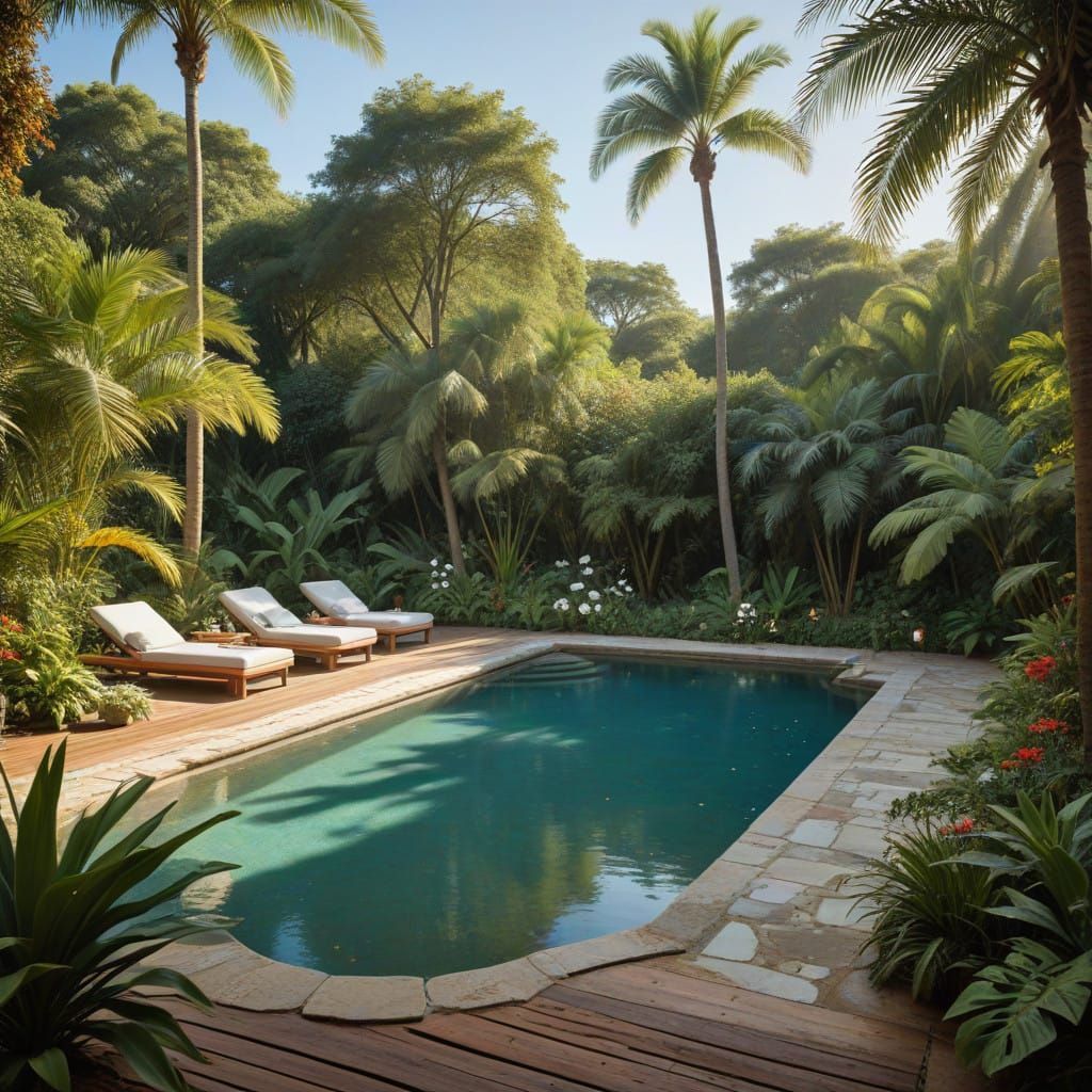 Tropical Paradise with Lush Foliage and Serene Pool
