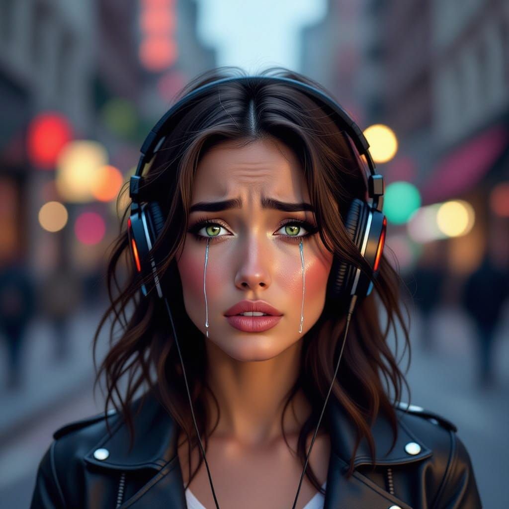 Woman Walking in City Streets with Tears