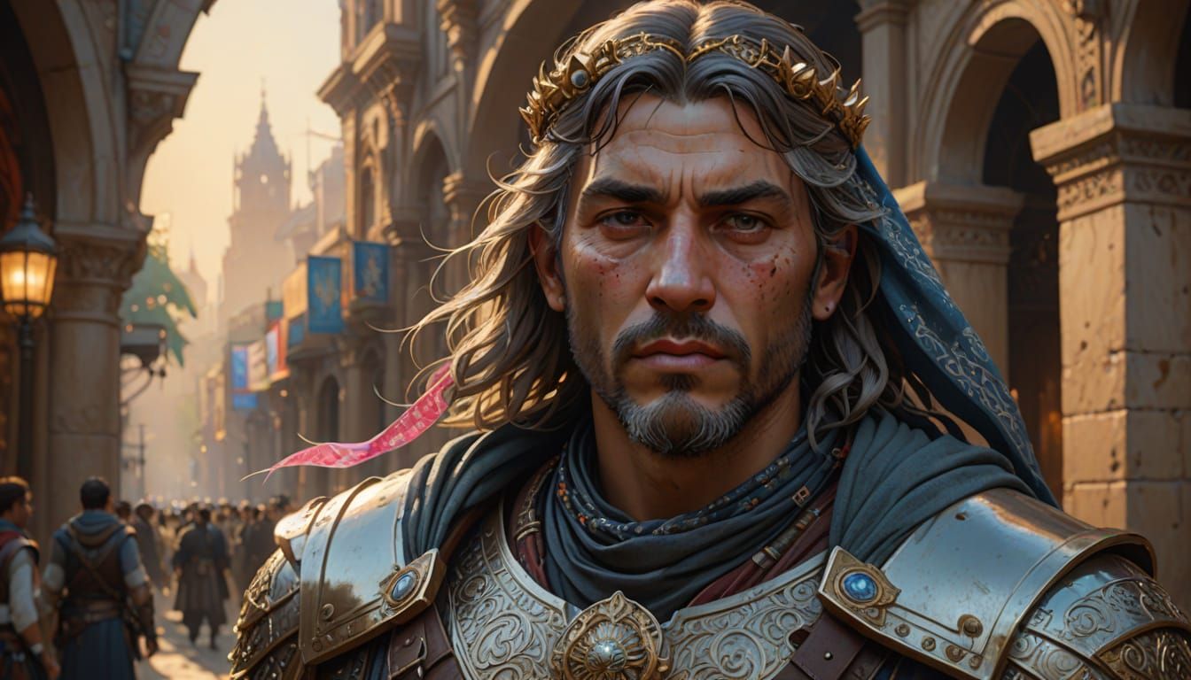 Worn Warrior Prince in Alphonse Mucha Style