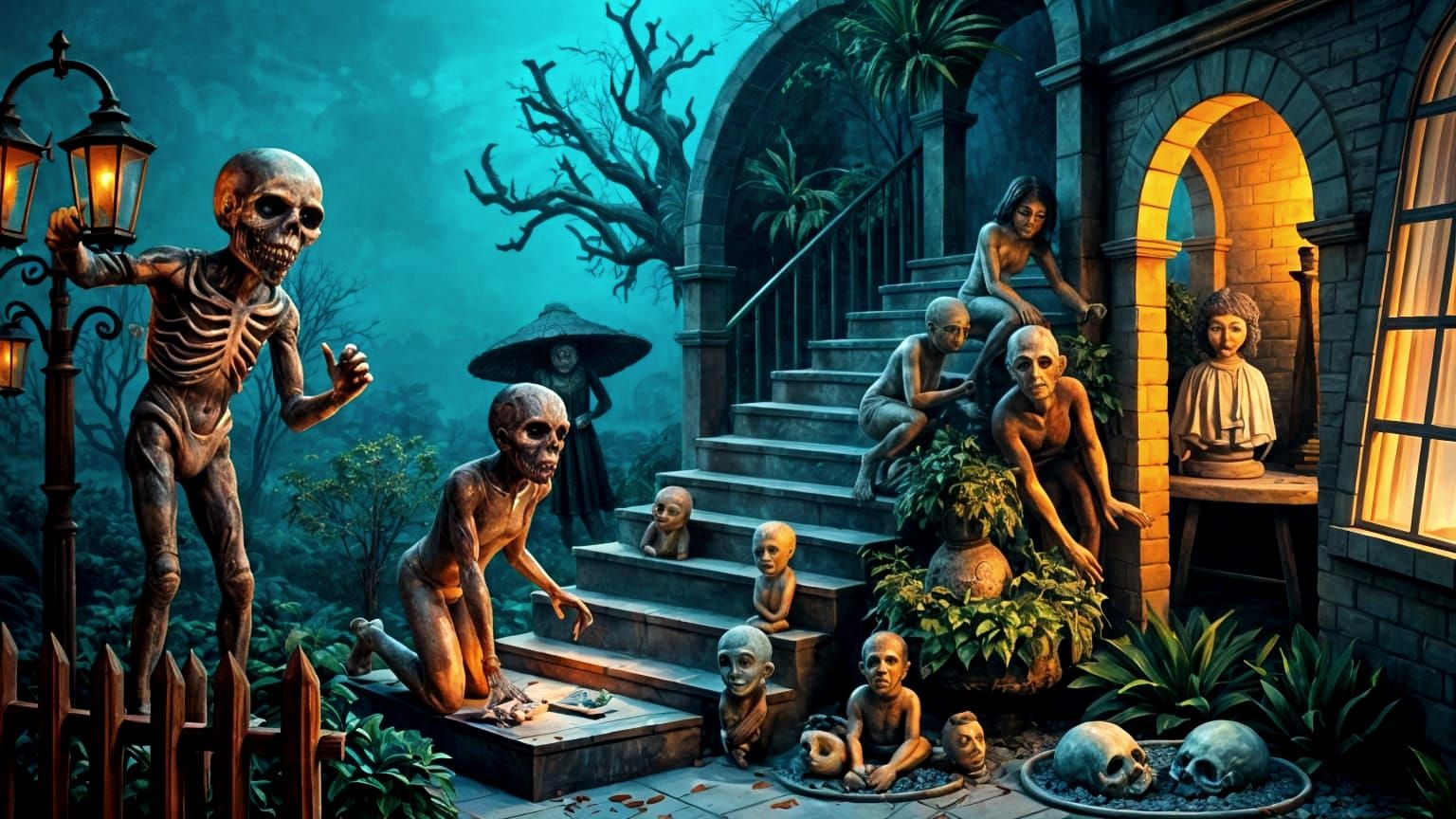 Menacing Garden with Statues in Cool Colors