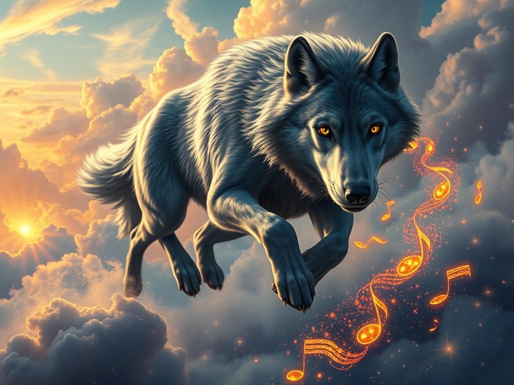 Wolf Chasing Musical Notes in Dreamscape