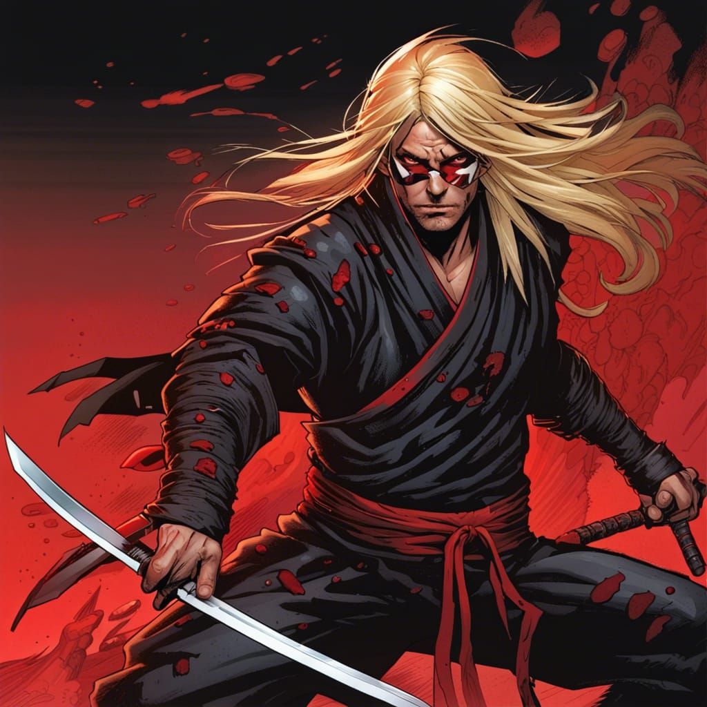 Blonde Ninja Comic Book Art in Red and Black