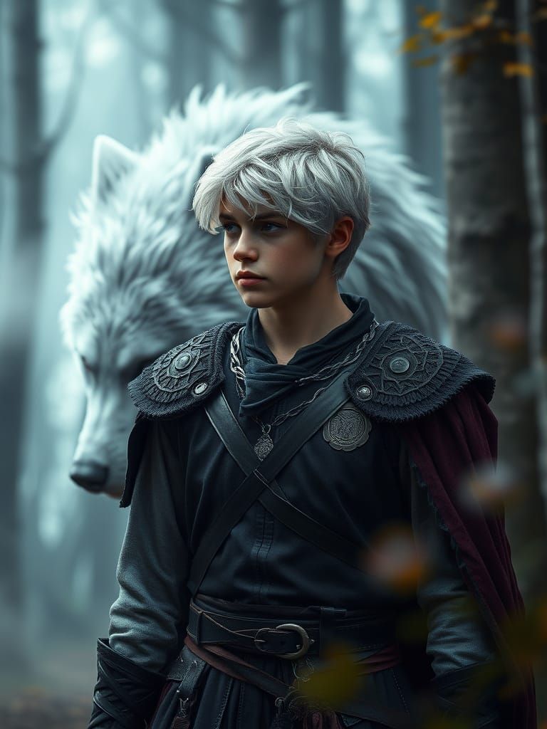 Medieval Man Transforms into Silver Wolf in Mystical Forest