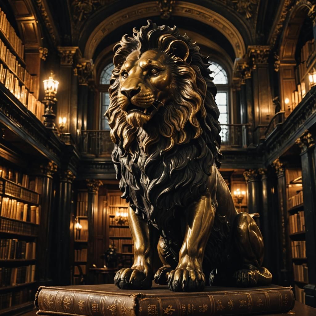 Majestic Lion Statue in Dark Academia Library