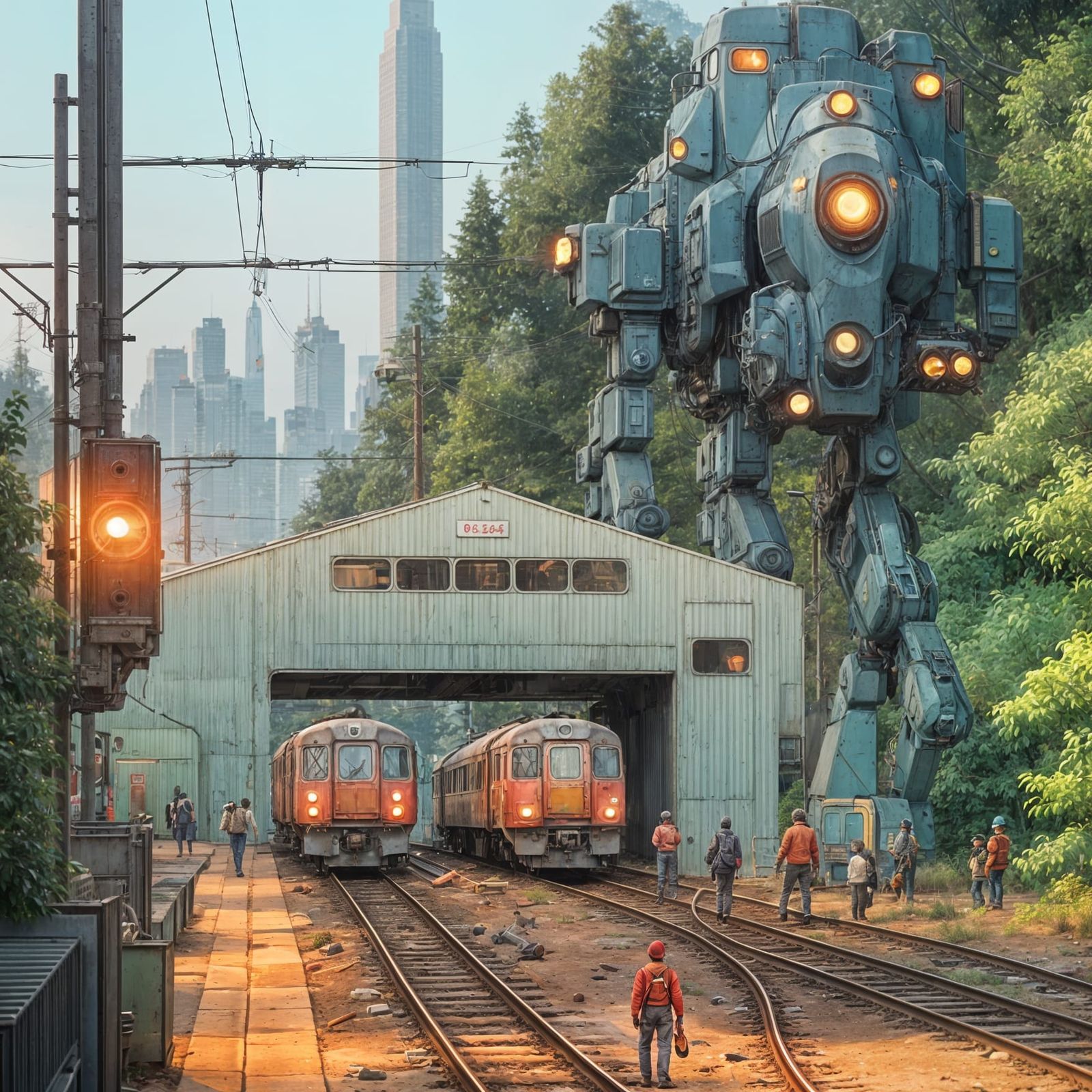 Retro Sci-Fi Mech in Train Yard