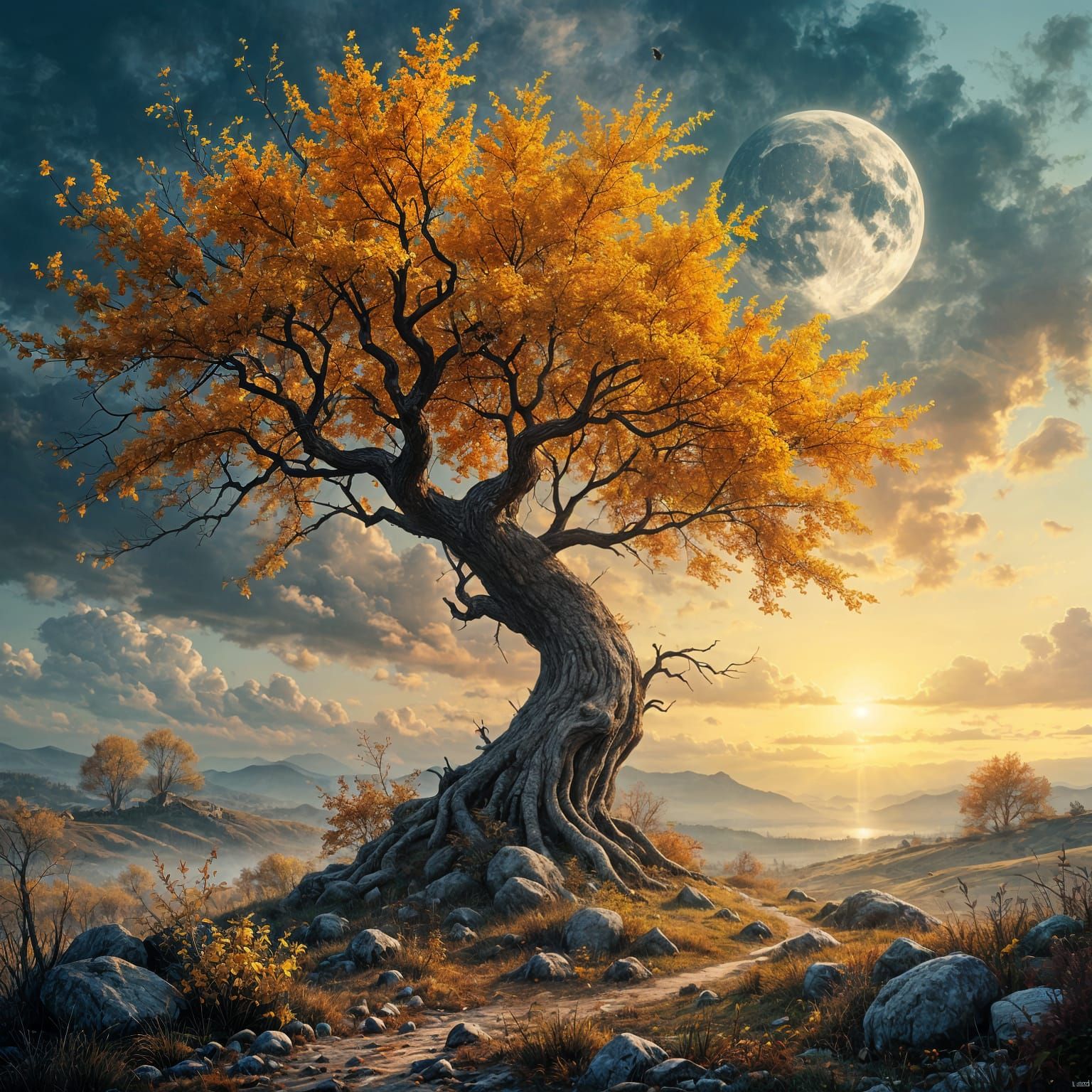 Ancient Tree Guardian at Sunset and Moonlight