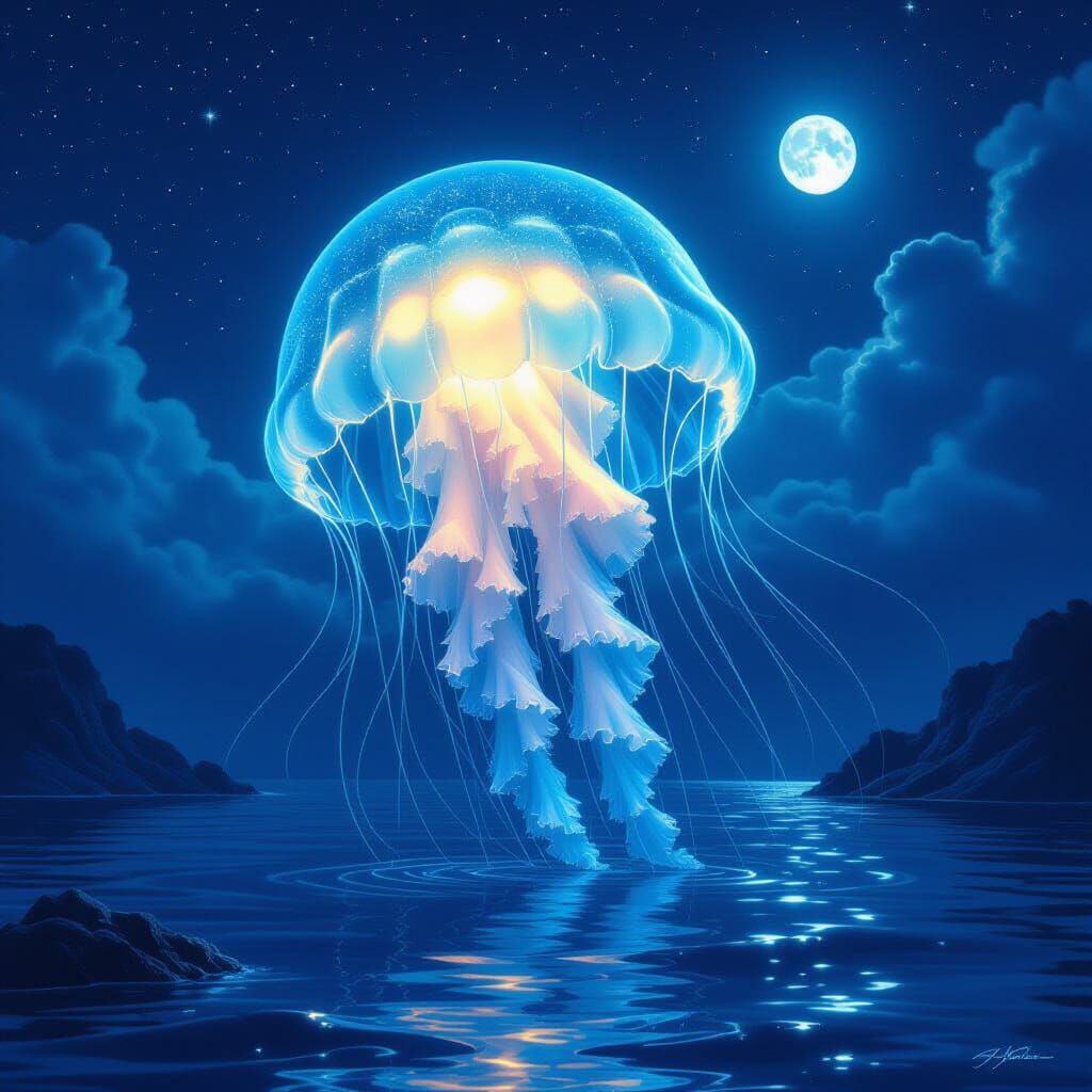 Bioluminescent Jellyfish in Starry Night: Digital Art