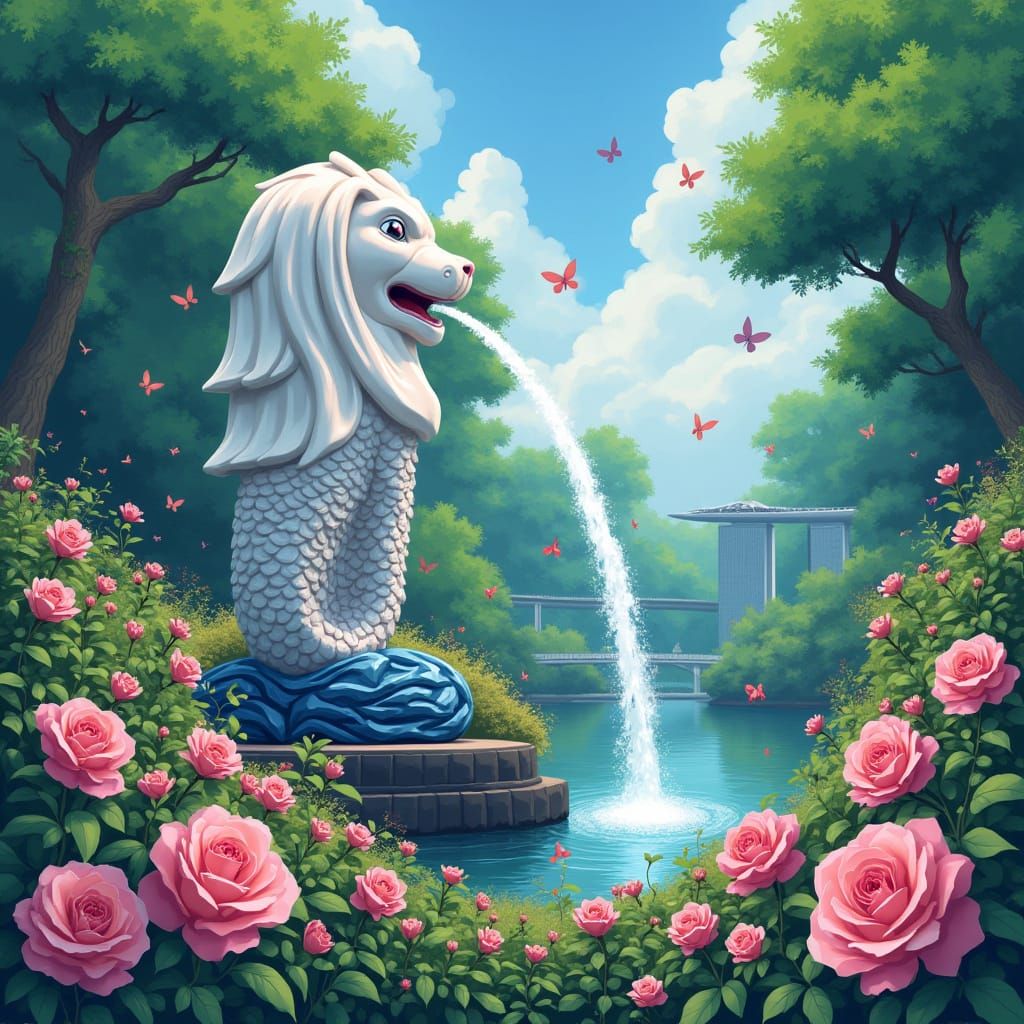 Anime Merlion Statue in Lush Rose Garden with Butterflies