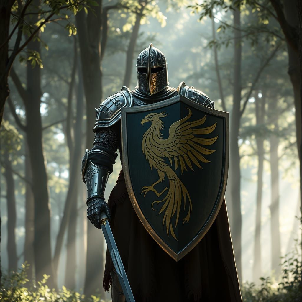 Knight Guarding Forest with Phoenix Shield