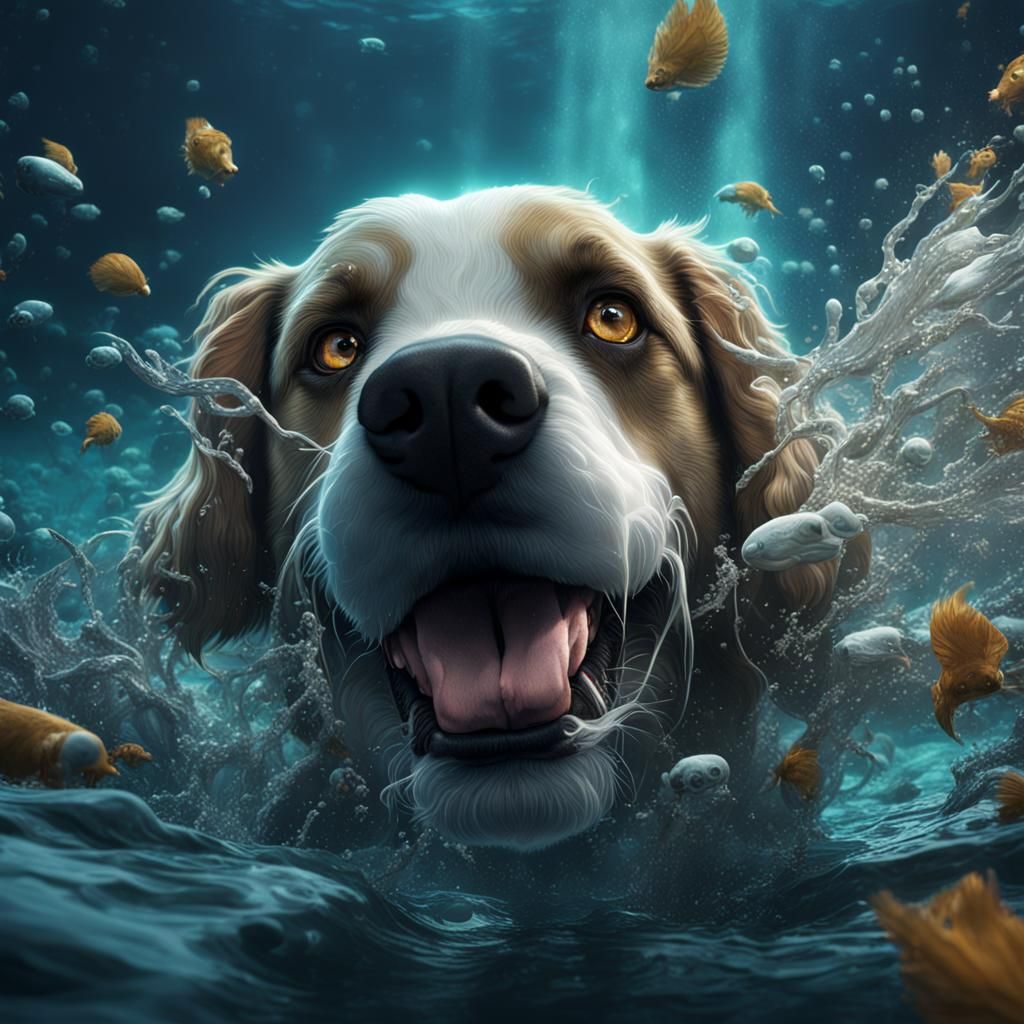 Underwater Dog Lapping Water: Detailed Fantasy Art