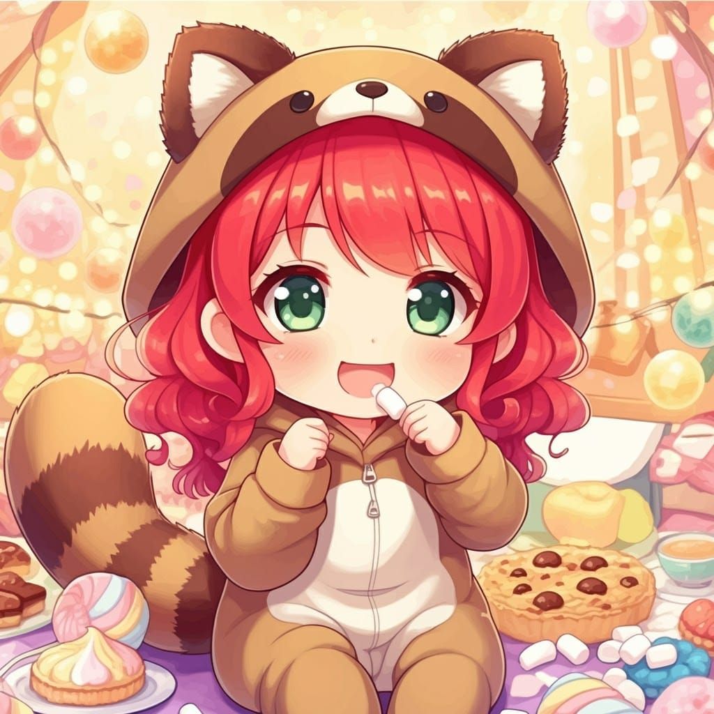 Akane in a Tanuki Kigurumi, Eating Marshmallows