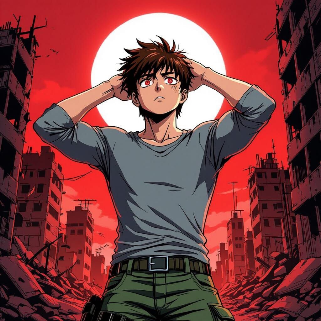 Dystopian Manga Cover: Confused Young Man in Red Glow