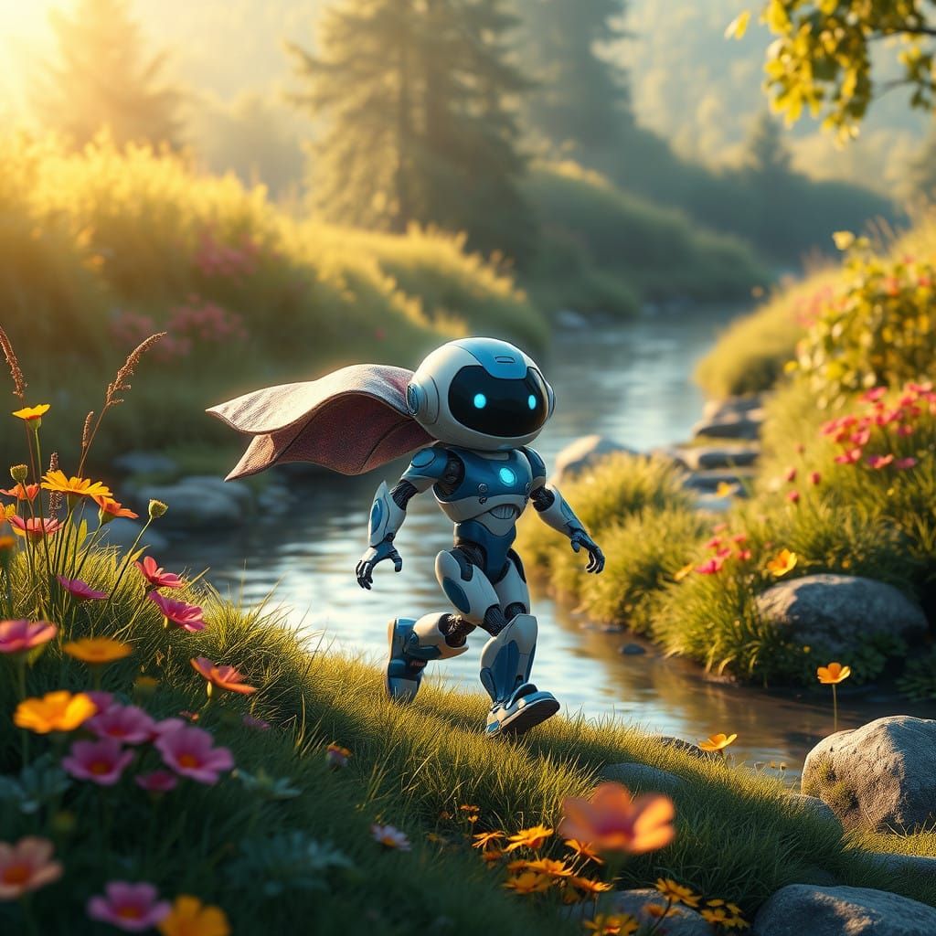 Dreamlike Robot Strolls Beside Lush River Landscape