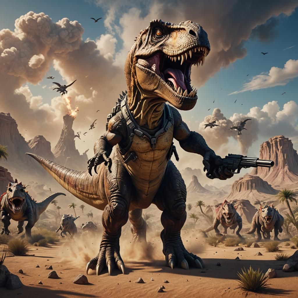 T-Rex Roaring in Desert with Gun: Detailed Matte Painting