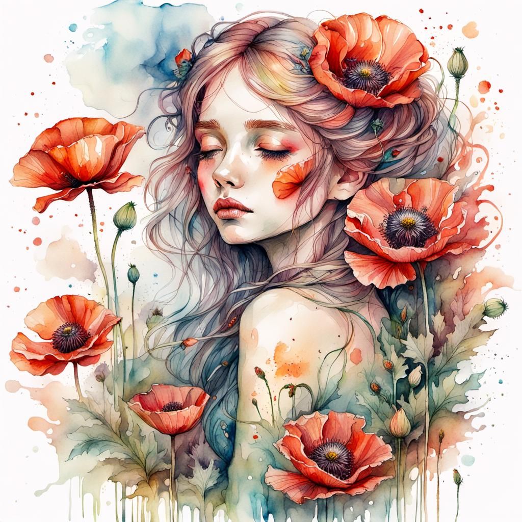 Poppy with Sleeping Fairy, Watercolor Art