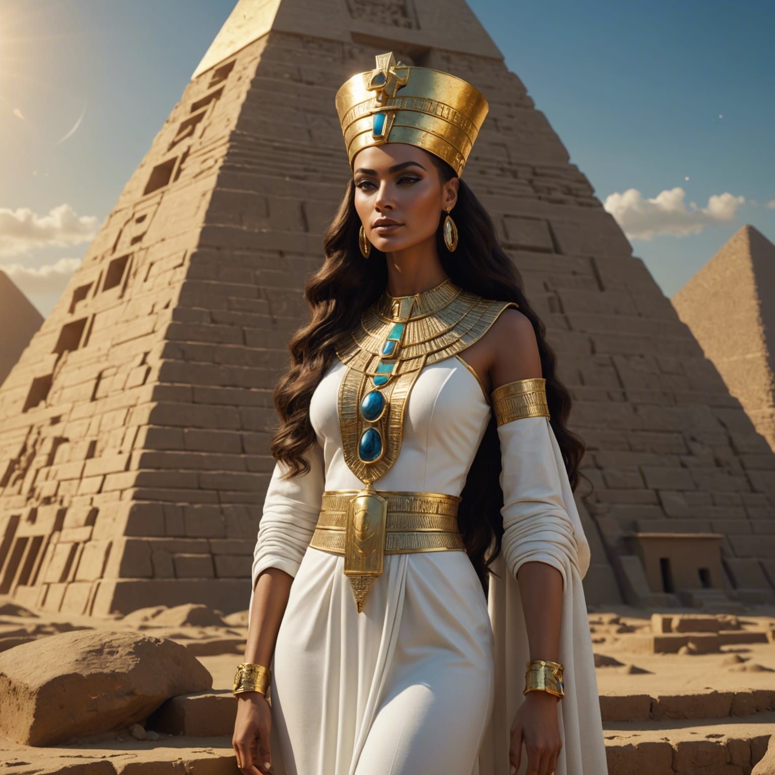 Queen Nefertiti on Golden Pyramid, Fantasy Art