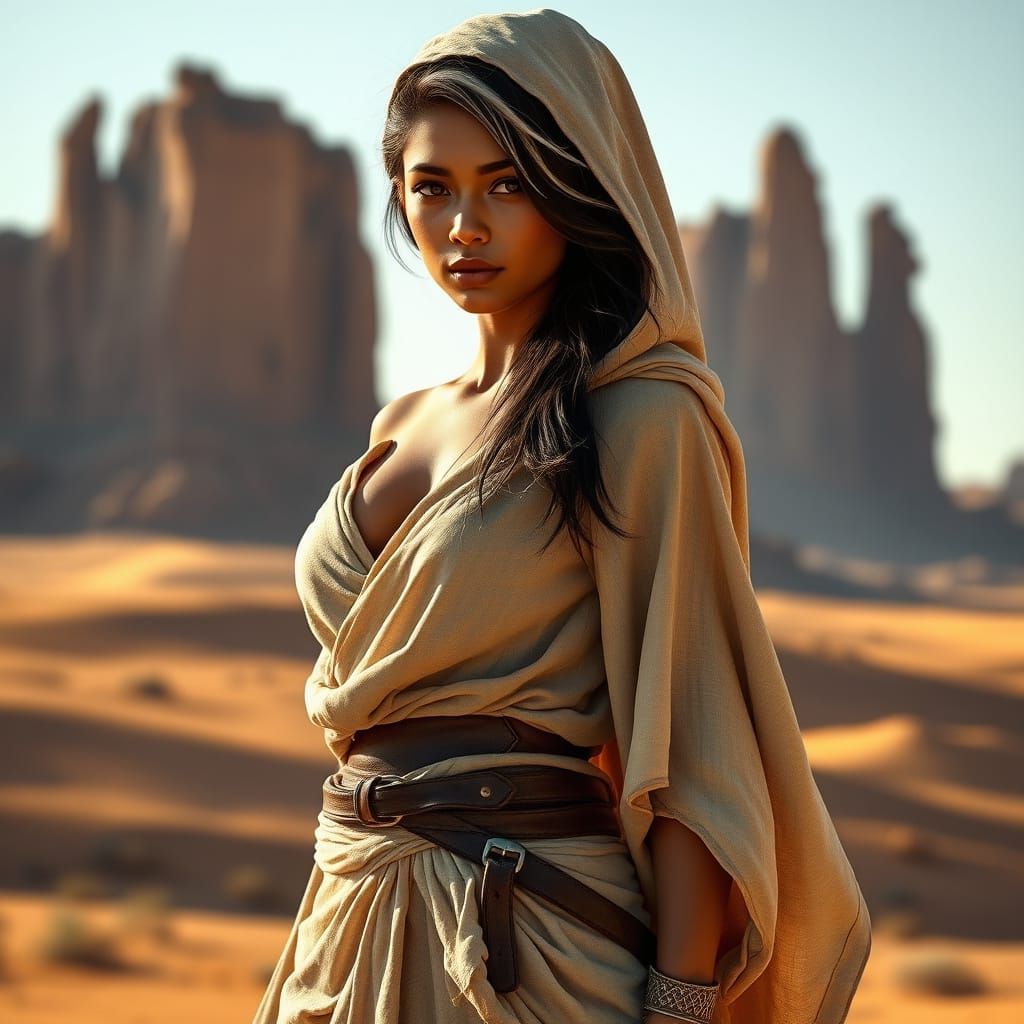 Latina Woman in Desert Landscape, Dune Aesthetic