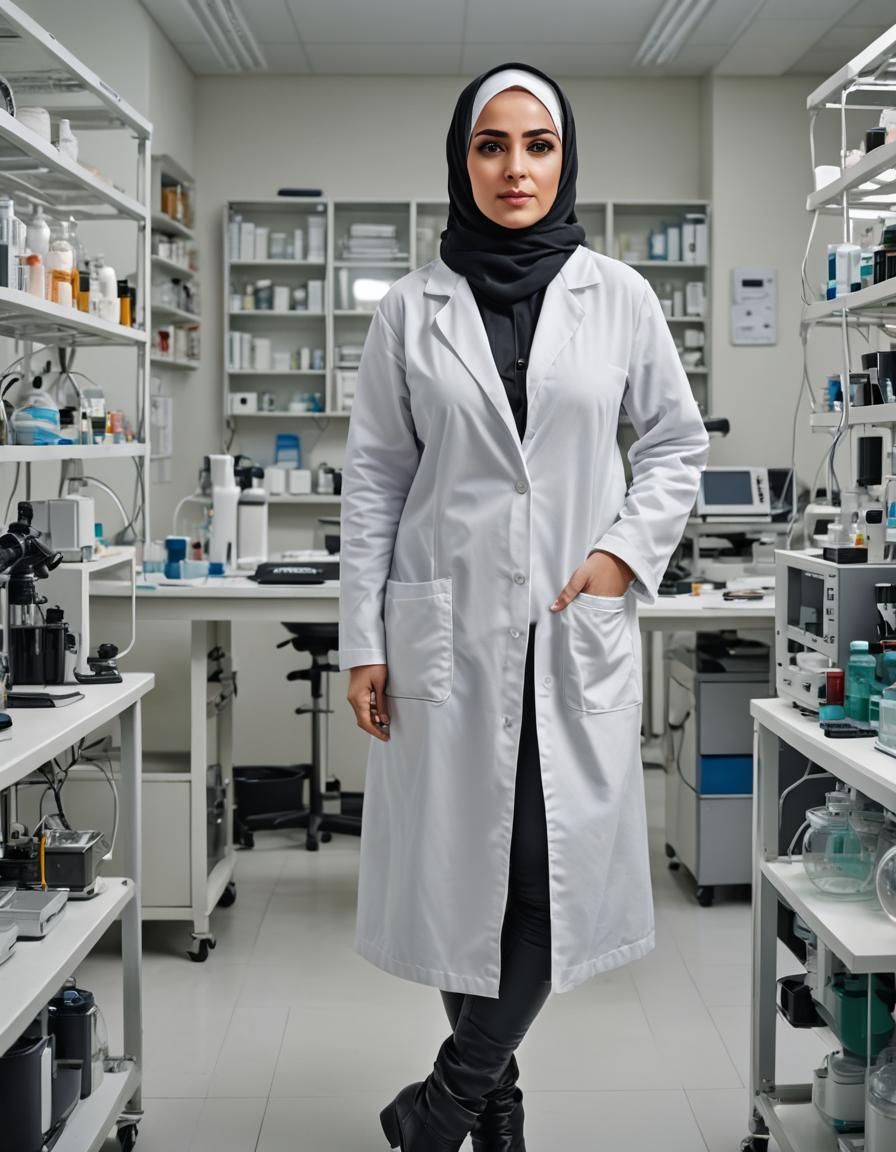 Middle Eastern Woman in Hijab Working in Lab