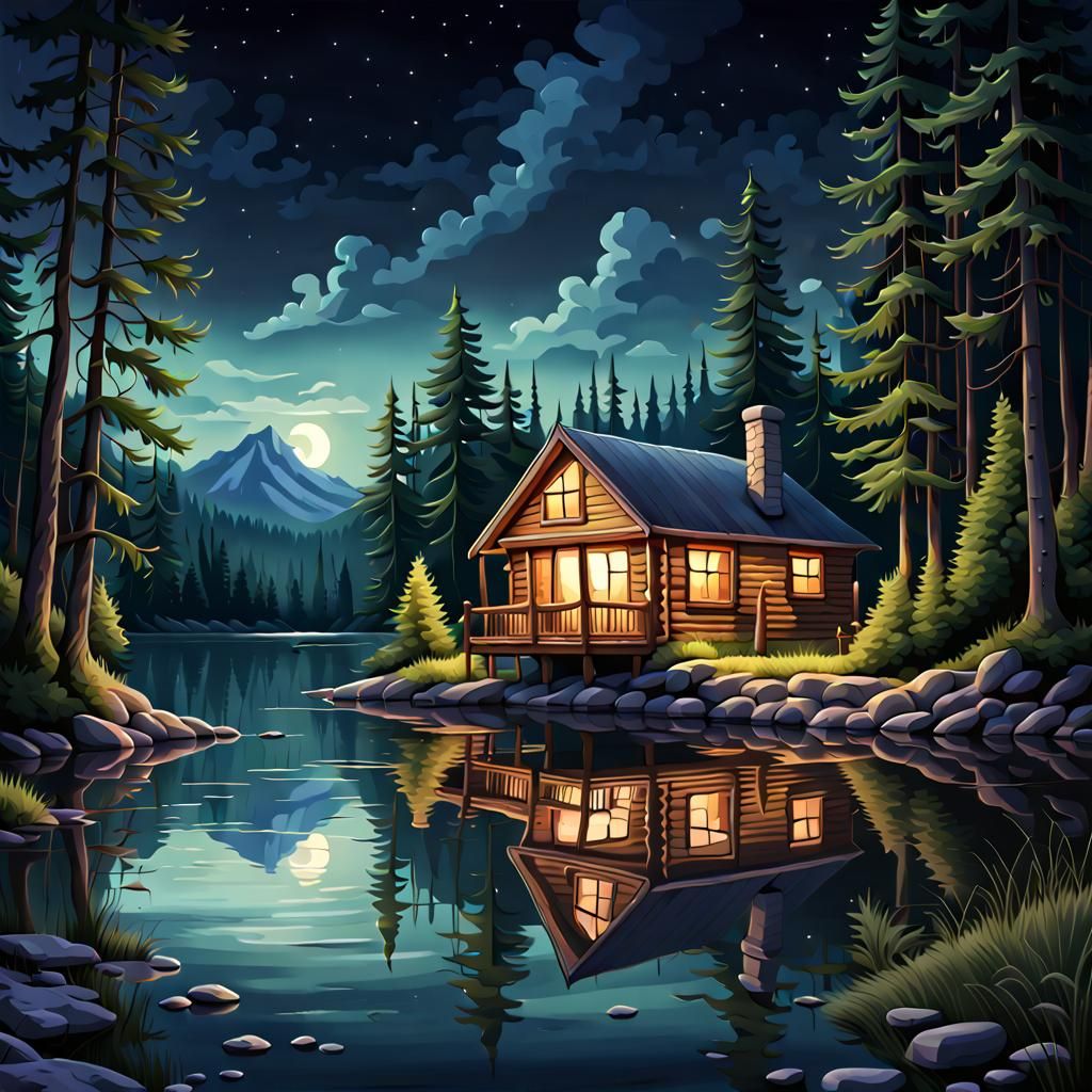 Cabin on Lake at Night: Cartoon Style