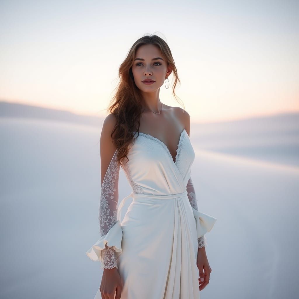 Ethereal Woman in White Landscape, Elegant Art