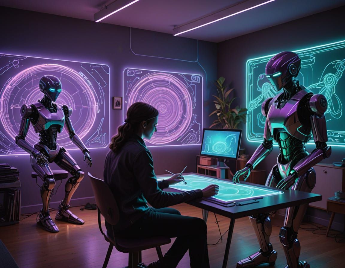 Futuristic Android Friends Unite in Holographic Art Studio