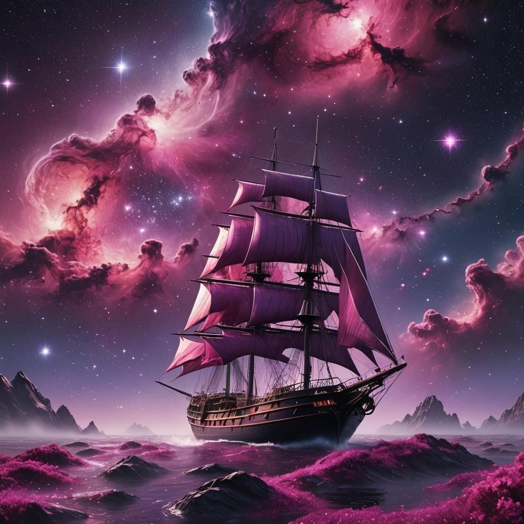 Nebular mist in the shape of a sailboat, galaxies and stars, purple magenta pink