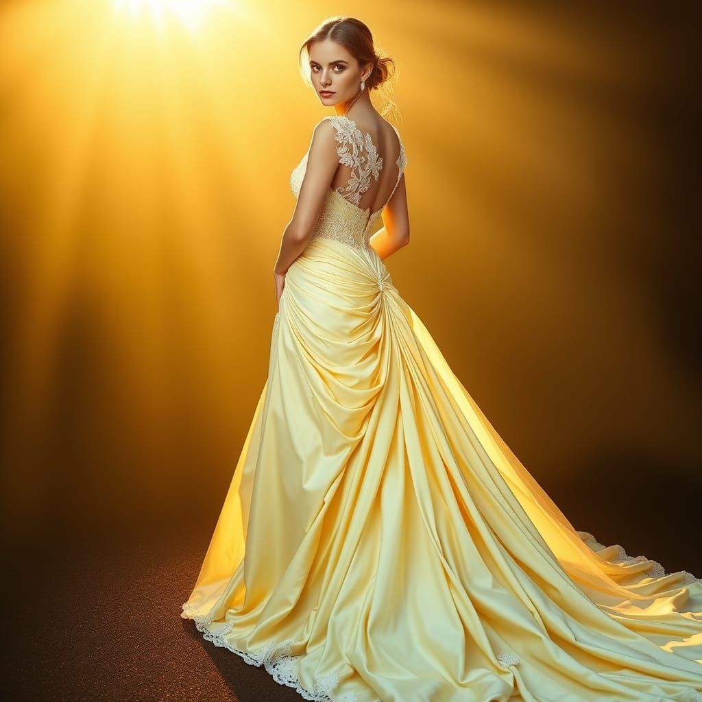 Stunning Woman in Lemon and Light Blue Satin Wedding Gown