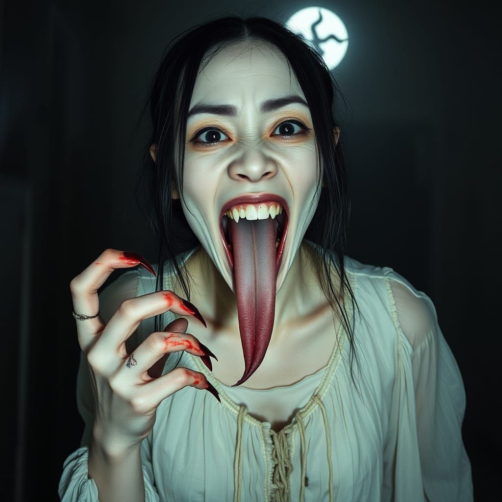 Fierce Asian Demon Ghost in Moonlit Night